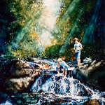painting of boys fishing by creek waterfall