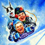painting of kids tobogganing with dog