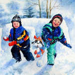 painting of kids throwing snowballs