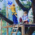 painting of boys building a tree house