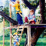 painting of boys playing in treehouse