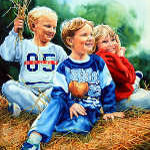 portrait painting of children playing on a hay bale