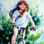 portrait painting of child riding a bike