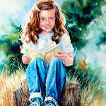 painted portrait of child reading a book