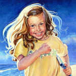 painting of girl running on the beach