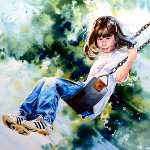 watercolor portrait of child on a swing