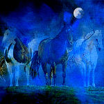 Painting of three horses in a misty blue fog