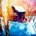 colorful winter barn painting